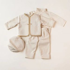 Costum 4 piese baieti, 0-1 ani, stofa ivoire, model IFRIM