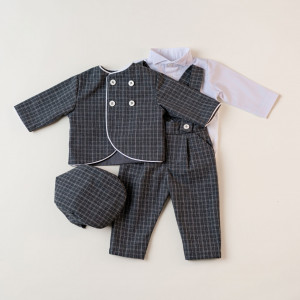 Costum baieti, 0-1 ani, stofa carouri fine, model PATRICK