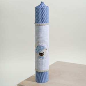 Lumânare botez din ceară naturală „Teddy Dreams” – cu ursuleț brodat Baby blue
