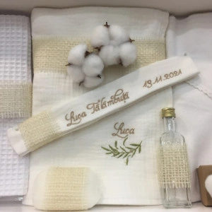 Trusou din Muselina organica, Personalizat, model FRUNZULITA DE BAMBUS