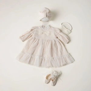Set rochita botez fetite, 0-1 ani, crem, model ZORA
