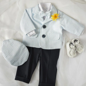 Costum botez baietel, 0-1 ani, bleu carouri mici, model DOMINIC