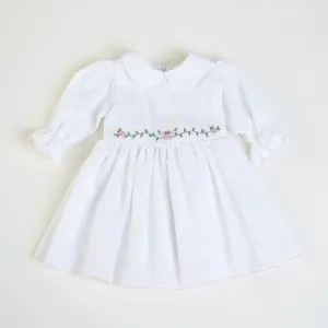 Rochiță de botez fetite 0-1 ani, din pânză topită cu broderie manuală - model ROSE