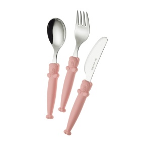 Set 3 tacamuri copii Pappallegra, cu lingura, furculita si cutit, maner ursulet roz