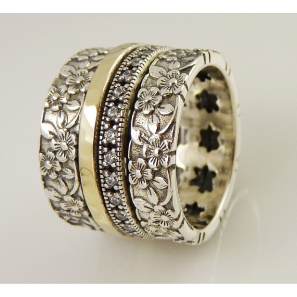 Inel Sylvara din argint 925 și aur 14K – model floral gravat, fără pietre