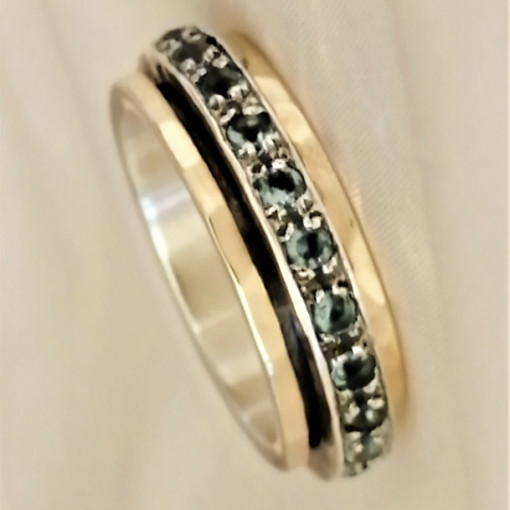 Inel argint si benzi aur 14k R4693 blue quartz