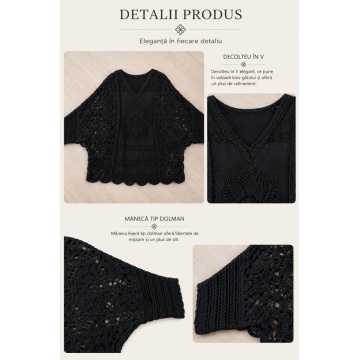 Bluză Boho din Bumbac 100% cu Dantelă Ajurată – Negru RG2006 - Img 3