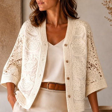 Cardigan Boho Oversize cu Nasturi și Broderie Ajurată – Crem RG2005C