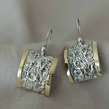 Cercei Brocart din argint 925 și aur 14K – design elegant cu detalii în relief 201201 - Img 4