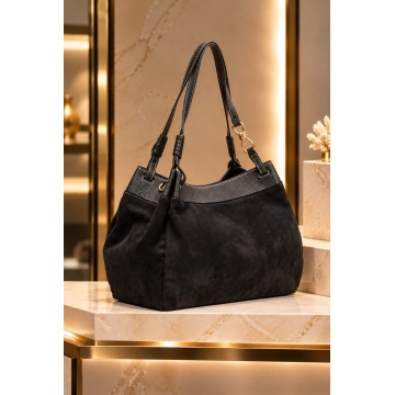 Geantă de Umăr Suede Elegance – Negru, cu Accesorii Aurii RG25878A