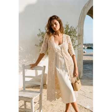 RG0802 – Cardigan Lung (M–XL) Croșetat Boho din Bumbac 100% – Crem Natural - Img 2