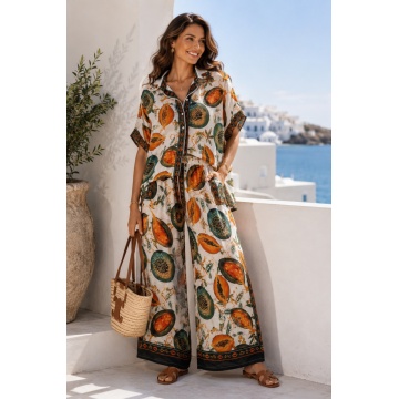 RG170300 Set EU 42–46 (L–XXL) oversized din in și bumbac cu imprimeu Papaya – Cămașă & Pantaloni Palazzo | Fabricat în Italia - Img 4