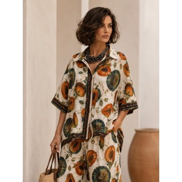 RG170300 Set EU 42–46 (L–XXL) oversized din in și bumbac cu imprimeu Papaya – Cămașă & Pantaloni Palazzo | Fabricat în Italia