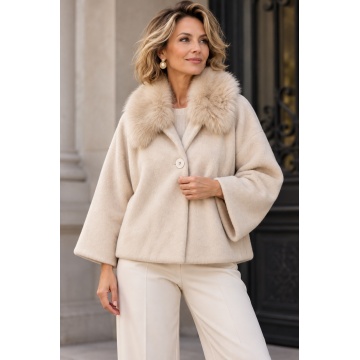 RG1777C Jachetă scurtă (L–2XL) din amestec de lână cu guler din blană pufoasă – Made in Italy