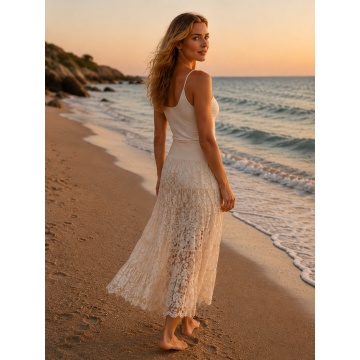 RG3116 Fustă lungă boho din dantelă brodată – Alb Ivory | Fabricată în Italia, marime 42-52 - Img 3