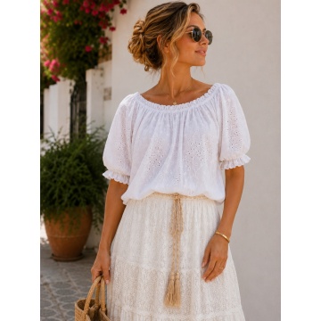 RG3216 A Bluză boho cu umeri goi din bumbac 100% – Broderie florală italiană - Img 3