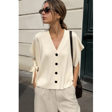 RG3761– Vestă Tricotată Oversize cu Funde Laterale – Ivory - Img 4