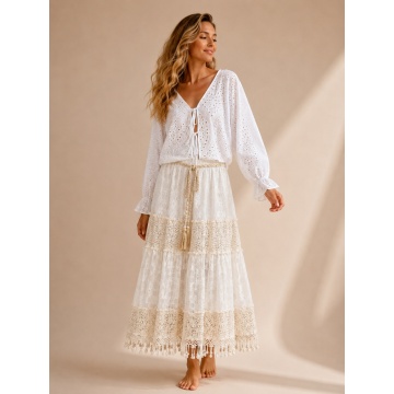 RG5106-2 Fustă Boho Midi din Dantelă cu Volane, Curea Împletită și Franjuri – Alb Ivory | Fabricată în Italia, marime 38-52 - Img 4