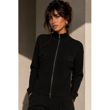 RG5381N–Cardigan Tricotat Ribbed Noir cu Fermoar – Modern Chic - Img 2
