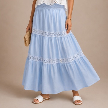 RG7052 Fustă light blue Lungă Boho Elegance din Bumbac cu Inserții din Dantelă