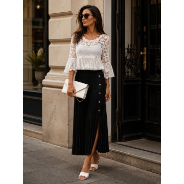 RG7076B-1 Fustă lungă plisată M–2XL cu nasturi decorativi – Negru - Img 2