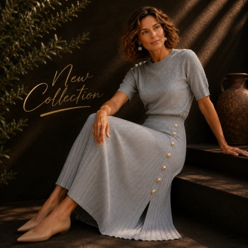 RG7076B-1 Fustă plisată M–2XL cu nasturi decorativi – Gri deschis - Img 7