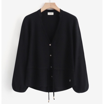 RG7143N–Cardigan din tricot fin cu șnur reglabil în talie – NEGRU - Img 2