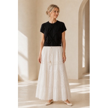 RG9036A–Fustă MIDI Albă din bumbac 100% cu broderie ajurată – Boho Elegance 40–46 - Img 2