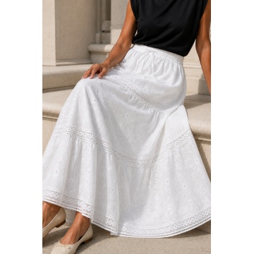 RG9036A1–Fustă MIDI albă din bumbac cu broderie ajurată – Pure Elegance 40–46