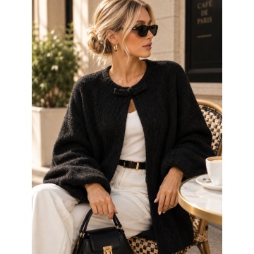 RG9198N–Cardigan Lung Tricotat Soft Wool Negru cu Închidere Shanghai – Parisian Chic (L–2XL)