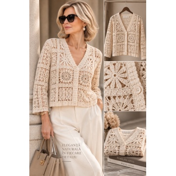 RG9288C–Cardigan croșetat din bumbac 100% CREM (S-M)