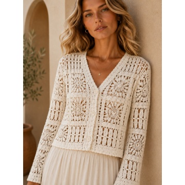 RG9288C–Cardigan scurt croșetat din bumbac 100% CREM (S-M)
