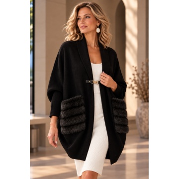 RG93032N-Cardigan Negru Oversize Cocon cu Buzunare din Blană – Bijoux