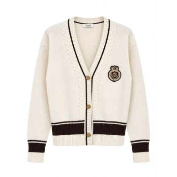 RG98573 Ivory–Cardigan tricotat Royal Crest – stil Preppy Chic, emblemă cu cristale și nasturi aurii EU 36–40 (S–M/L) - Img 2