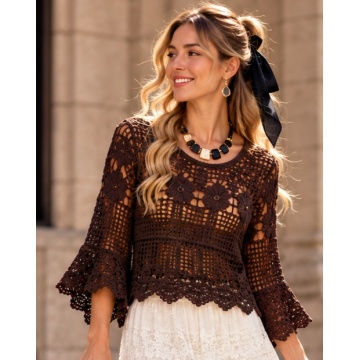 RGA235B –Bluză maro Boho Crochet Amélie – Bumbac 100%