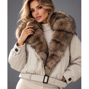 RGHA62003B Jachetă scurtă Urban Chic cu Guler-Șal Detașabil din Blană – Beige