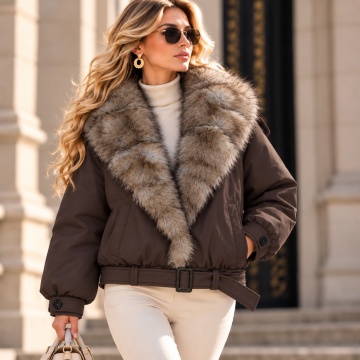 RGHA62003C Jachetă scurtă Urban Chic cu Guler-Șal Detașabil din Blană –Chocolate