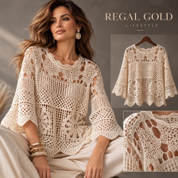 RGL202 – Bluză EU 40–46 (L–2XL) Openwork din Bumbac cu Mâneci Evazate – Stil Elegant Feminine– Bumbac 100%