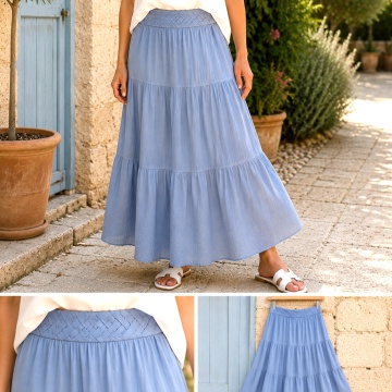 RGL2607 Fustă Maxi Boho Bleu Natural Linen Touch – Vâscoză & In - Img 2