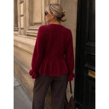RGRY-623B Bluză Tricotată Burgundia cu Peplum și Închideri Florale – Soft Romance 40–44 (M/L–XL) - Img 3