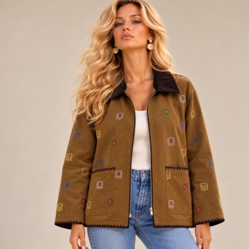 RGWH55518–Jachetă Soft Suede Embroidery – Vâscoză, broderii & guler contrast