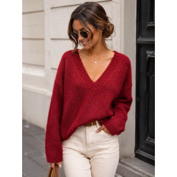 RGWL-08050 Pulover Oversize Bordeaux cu Decolteu în V 42–48 (L–3XL)– Soft Touch