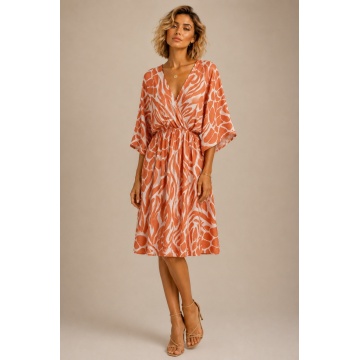 Rochie cu Imprimeu Abstract Somon- Made in France RG24734-3 somon