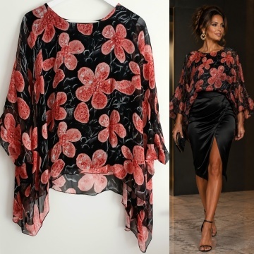 Bluză L-2XL. Florală Noir Coralia din Mătase și Vâscoză RG9072RN - Img 4