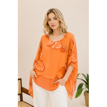 Bluză L-2XL. Florală Sunset Orange din Mătase și Vâscoză – One Size RG5197D