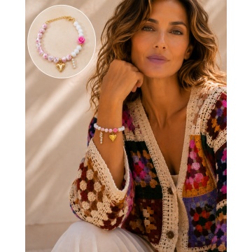 Brățară cu Inimă Aurie, Floare Roz și Mărgele Ceramice- RG222BRA63M350