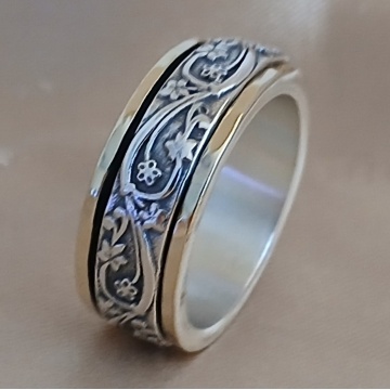 Inel Elowen din argint 925 cu benzi de aur 14K – motiv floral în relief - Img 7