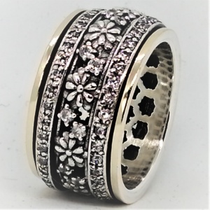 Inel Floréna din argint 925, benzi aur 14K și zirconii – model floral vintage - Img 2
