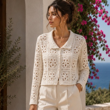 RG 8130 – Cardigan Croșetat Ajurat din Bumbac 100% CREM