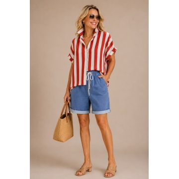 RG240 - Camasa EU 42–46 (L–XXL) oversized din in și bumbac cu dungi roșii - Img 4